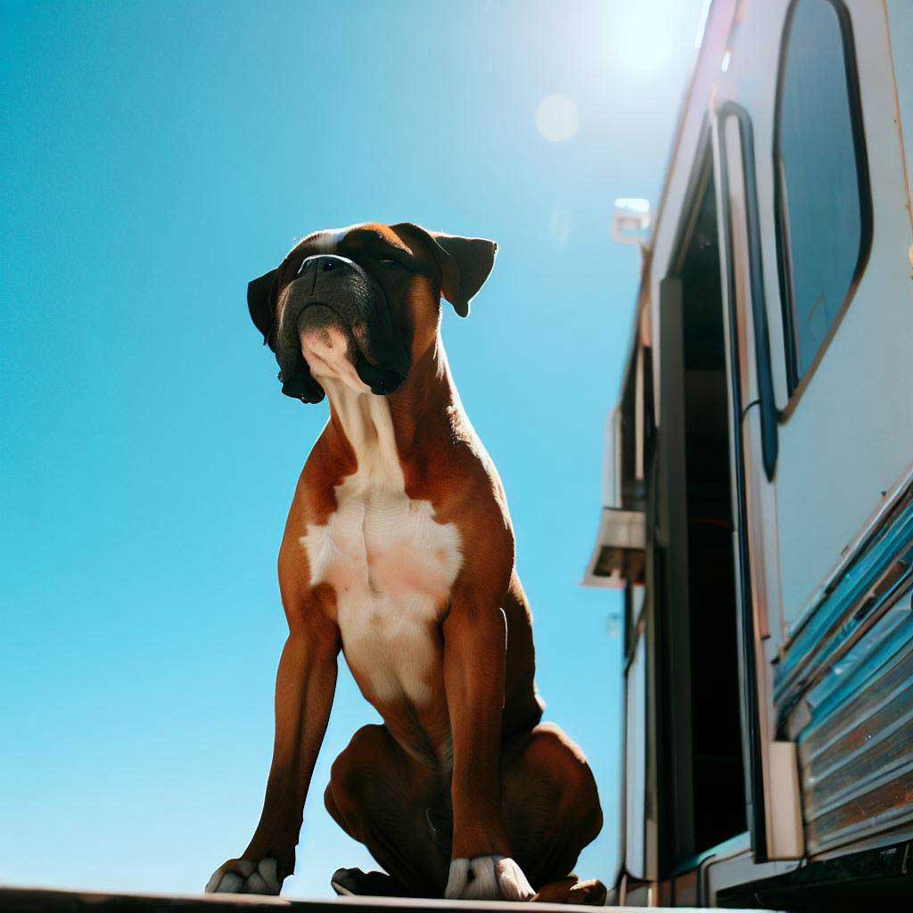 Boxer sitting on the steps of a motorhome
