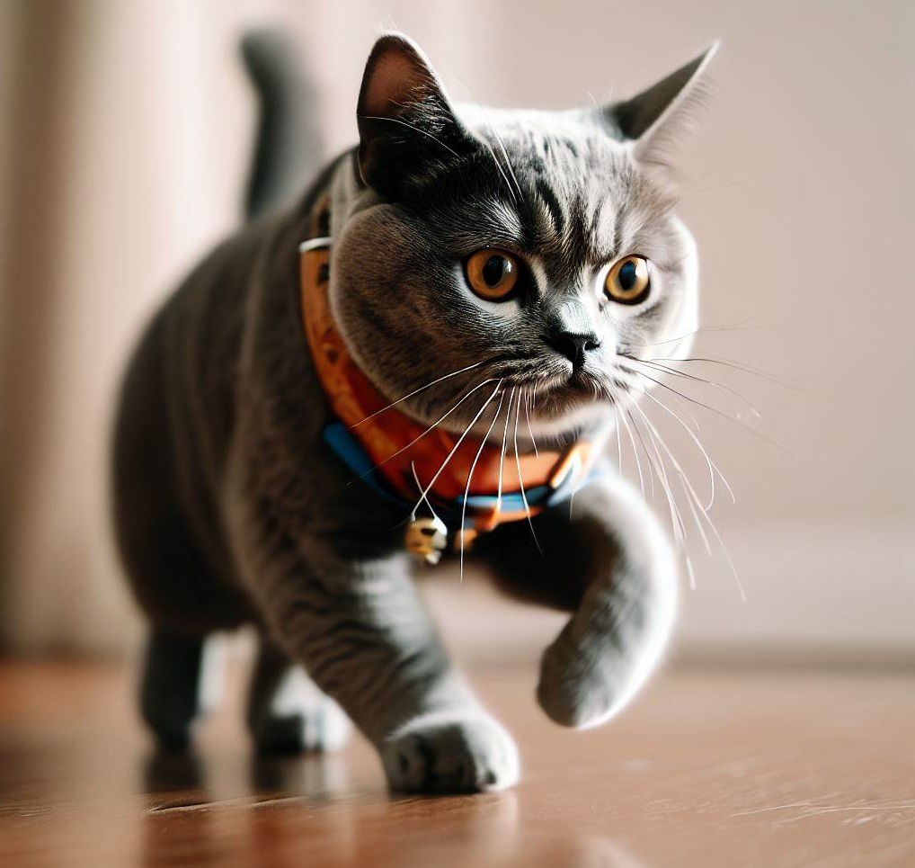 British Shorthair on the prowl wearing her collar