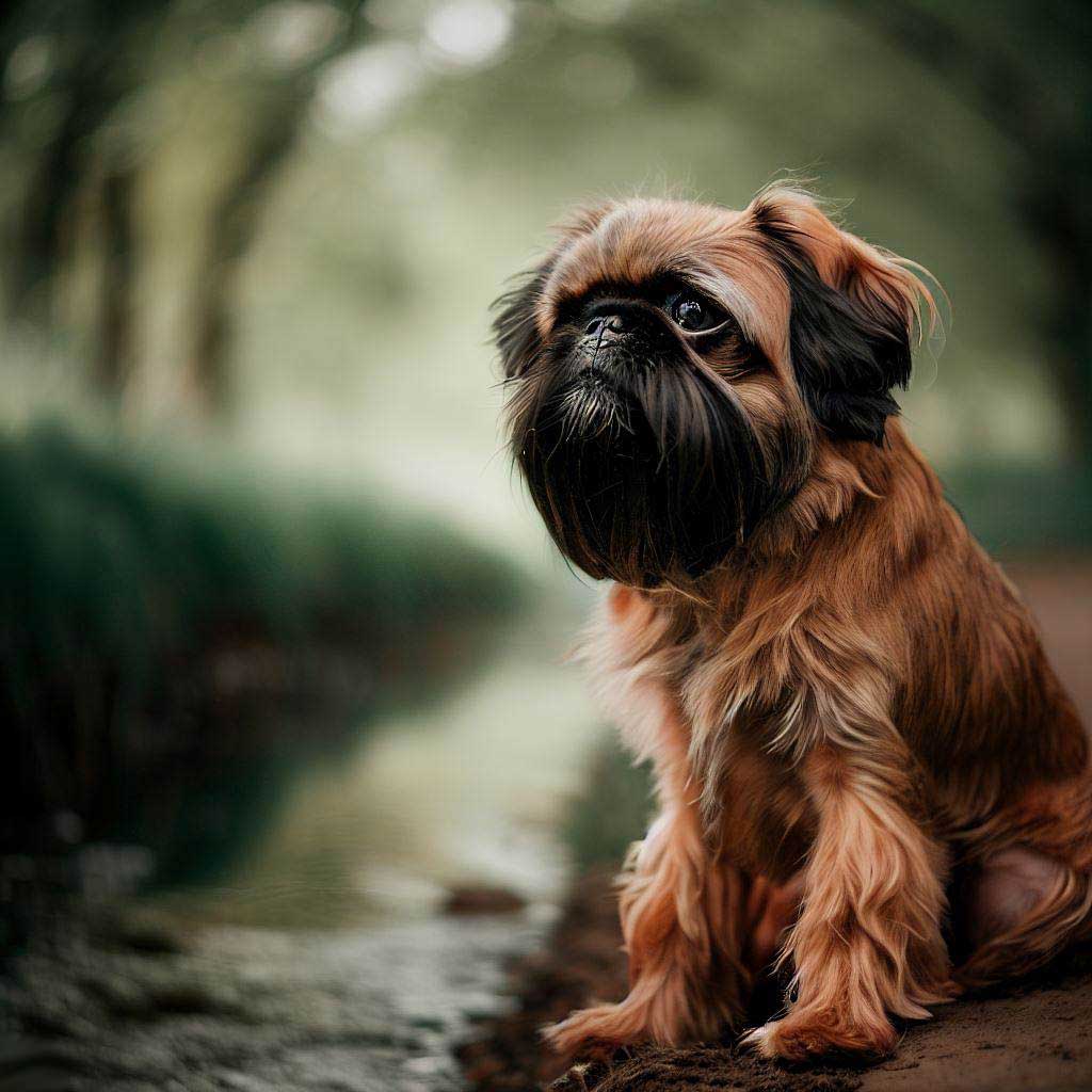 Brussels Griffon sitting on a river bank