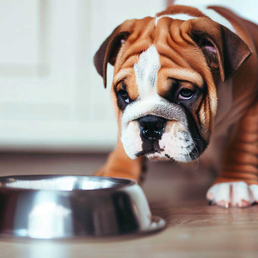 Understanding Dog Nutrition: Bulldog puppy looking at an empty food bowl