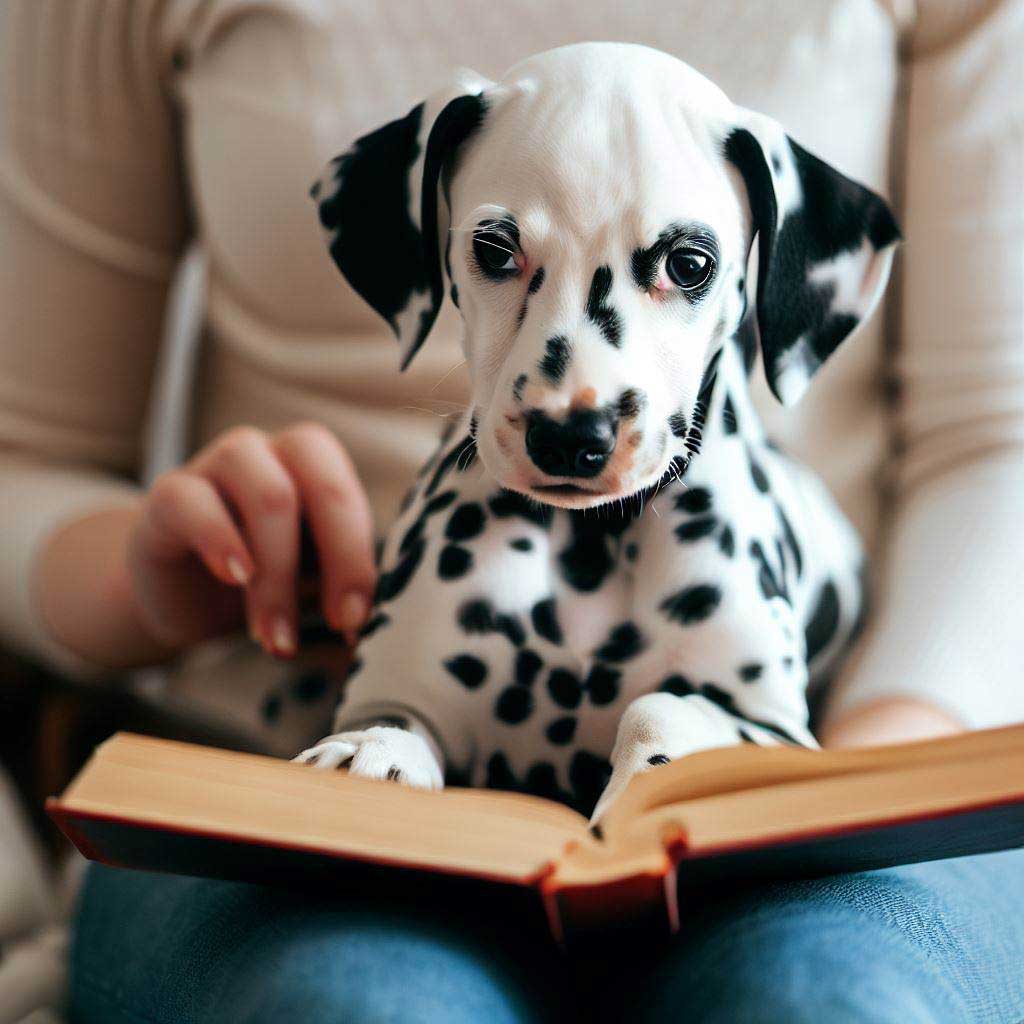 Different Types of Dog Breeds: Dalmatian puppy studying a book