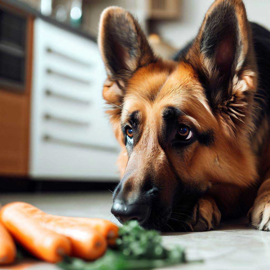 German Shepherd looking at carrots on the floor