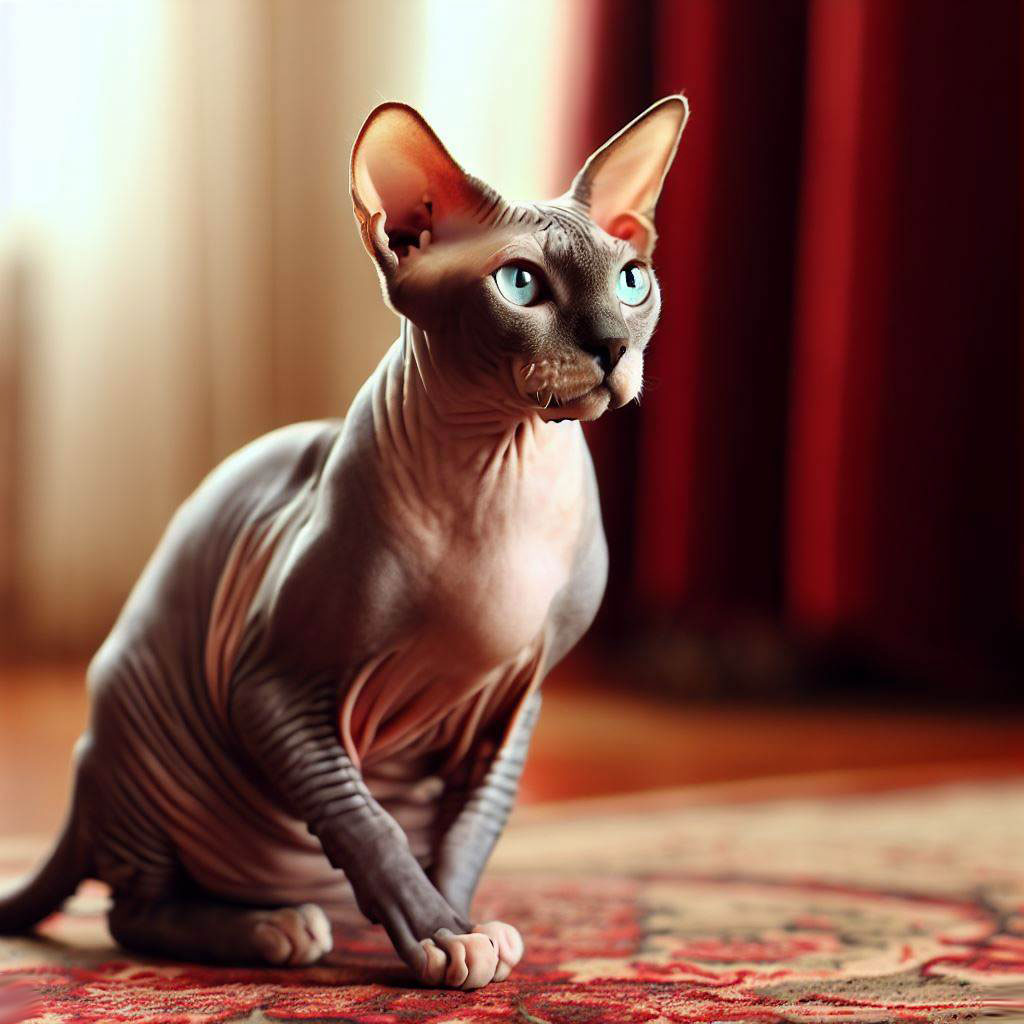 Peterbald cat sitting on a rug at home