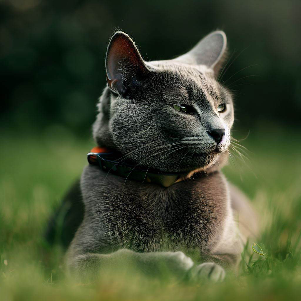 Cute Russian Blue wearing a cat training collar