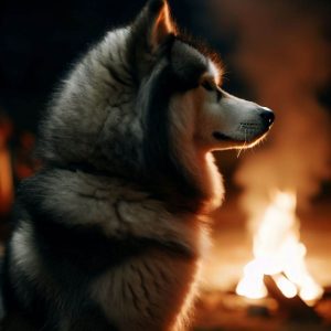 Best Dogs For Camping: Alaskan Malamute calmly gazing near a campfire