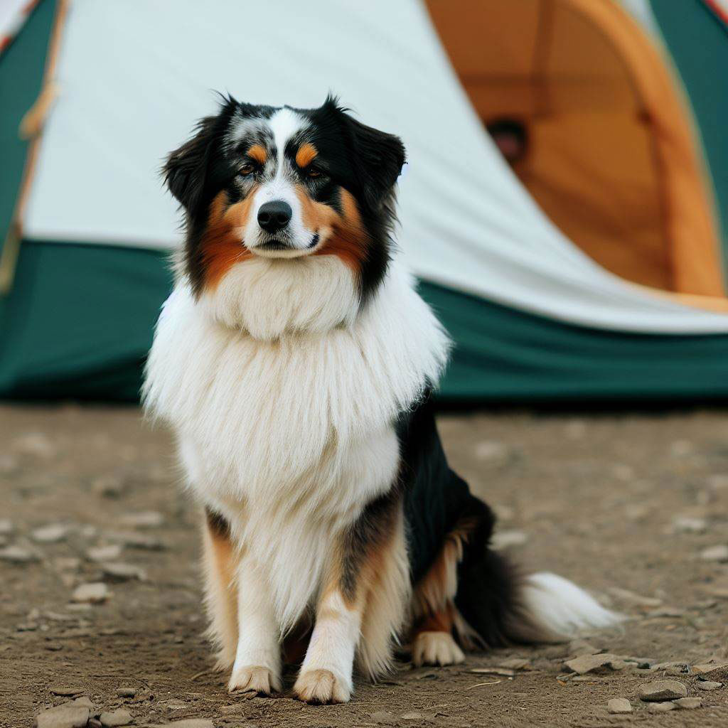 Best Dogs For Camping: Australian Shepherd sitting calmly by a tent