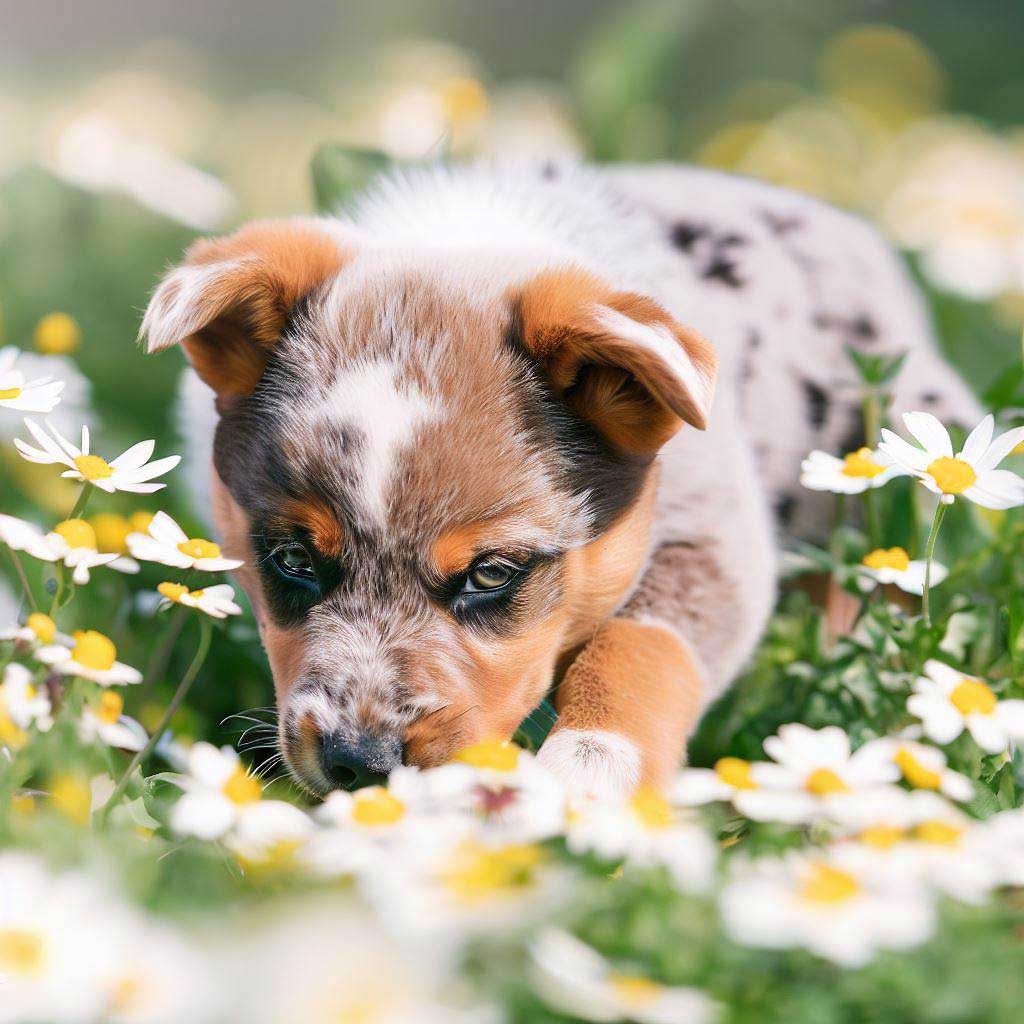 Training Rescue Dogs: Australian cattledog puppy digging in the daisy garden