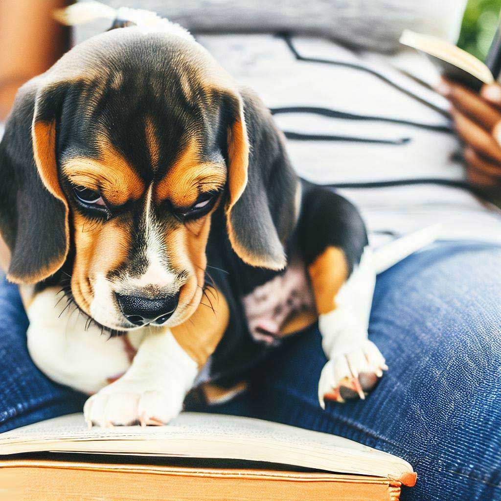 What Are The 7 Commands To Train A Dog: Beagle puppy sitting and studying a book