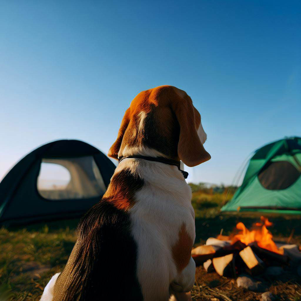 Best Dogs For Camping: Beagle sitting by a campfire
