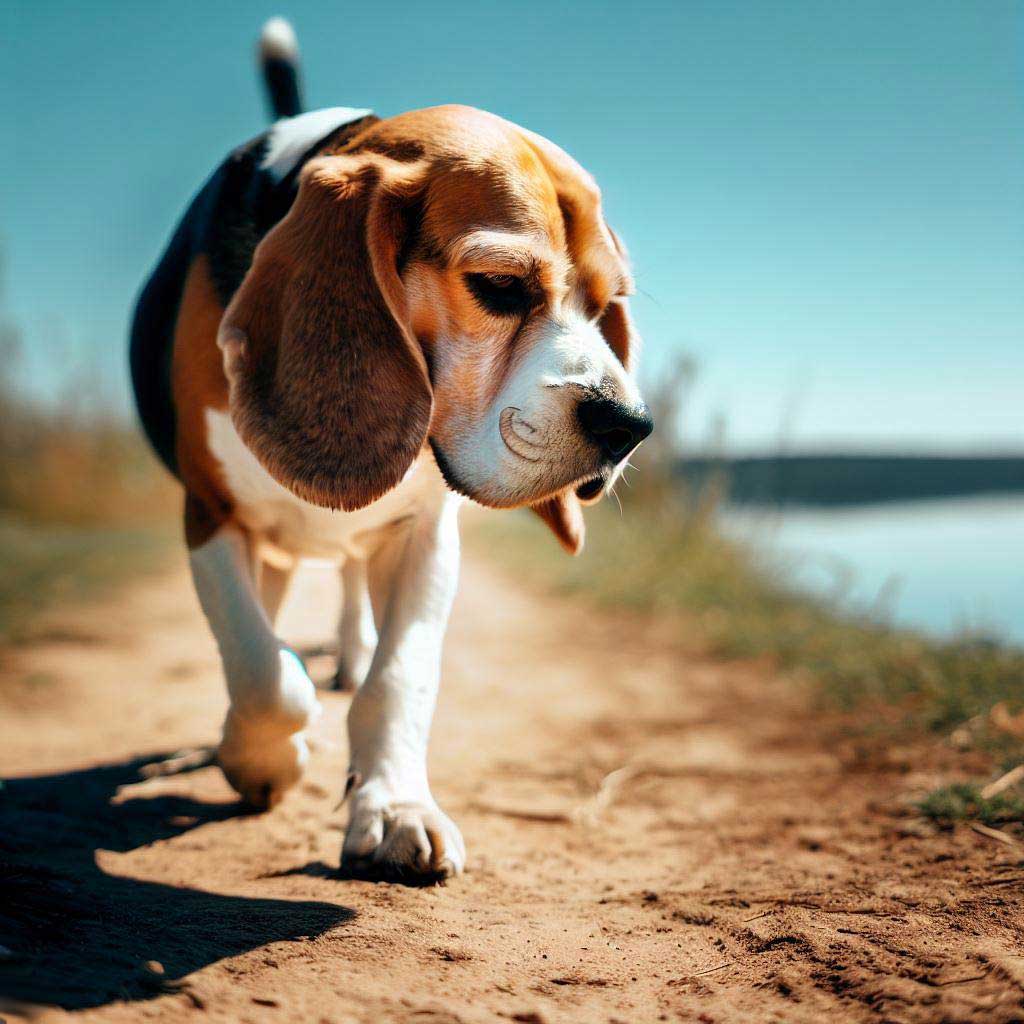 Positive Reinforcement Dog Training: Beagle walking on a dirt track
