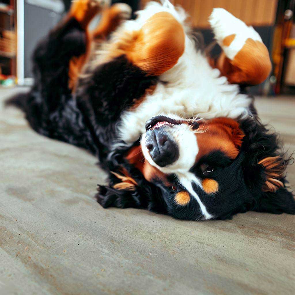 Training Rescue Dogs: Bernese Mountain Dog rolling over on the garage floor