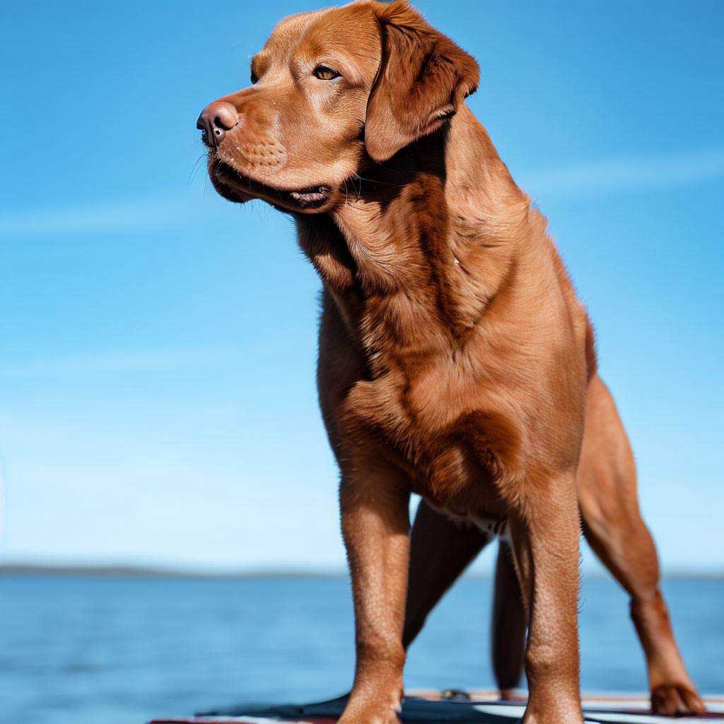 Training Rescue Dogs: Chesapeake Bay Retriever standing alert on a boat