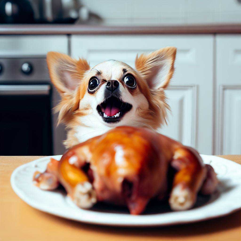 How do You Know if Your Dog Respects You? Chihuahua looking excitedly at a roast chicken
