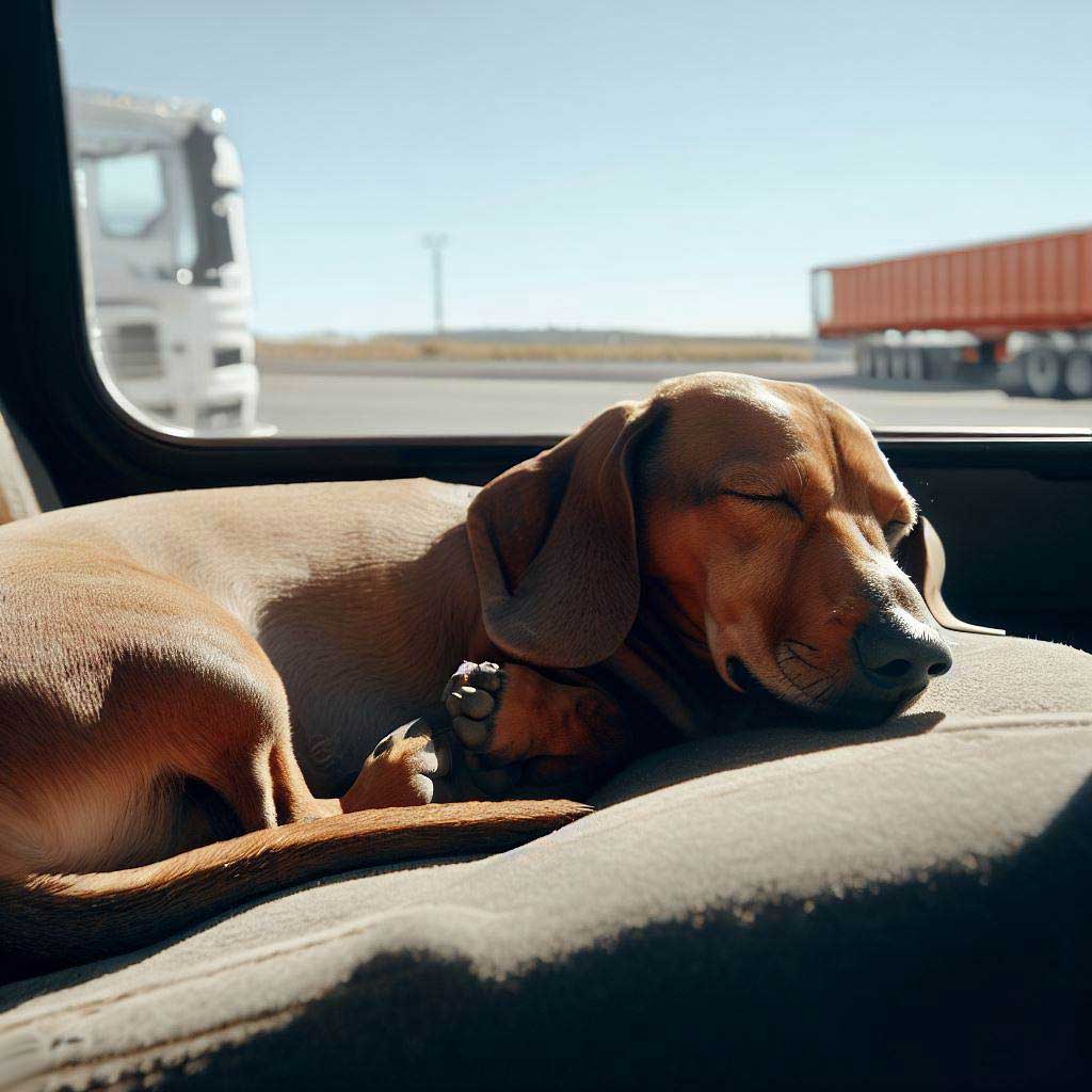 Dachshund sleeping in a truck