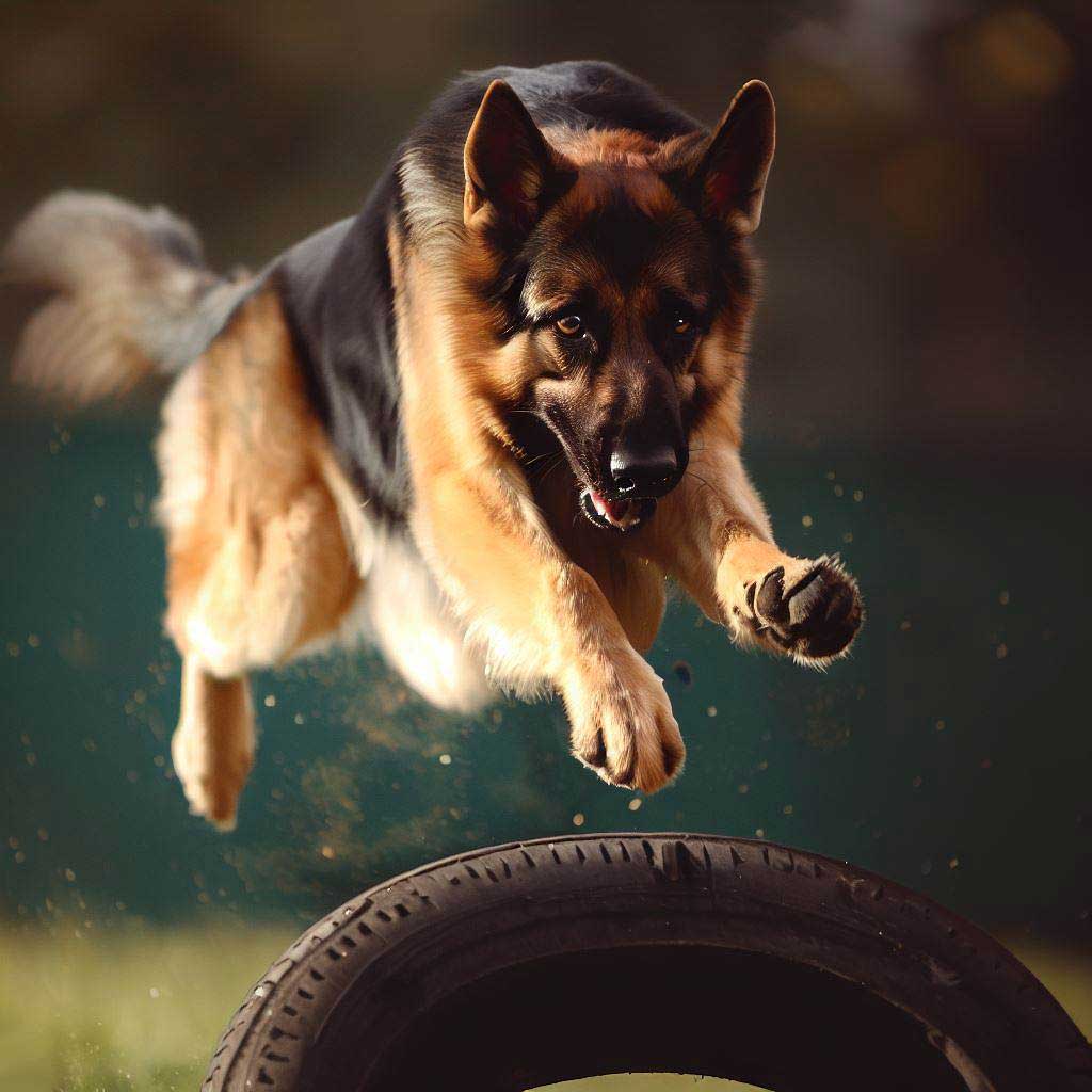 Agility Training for Dogs: German Shepherd jumping over a tyre
