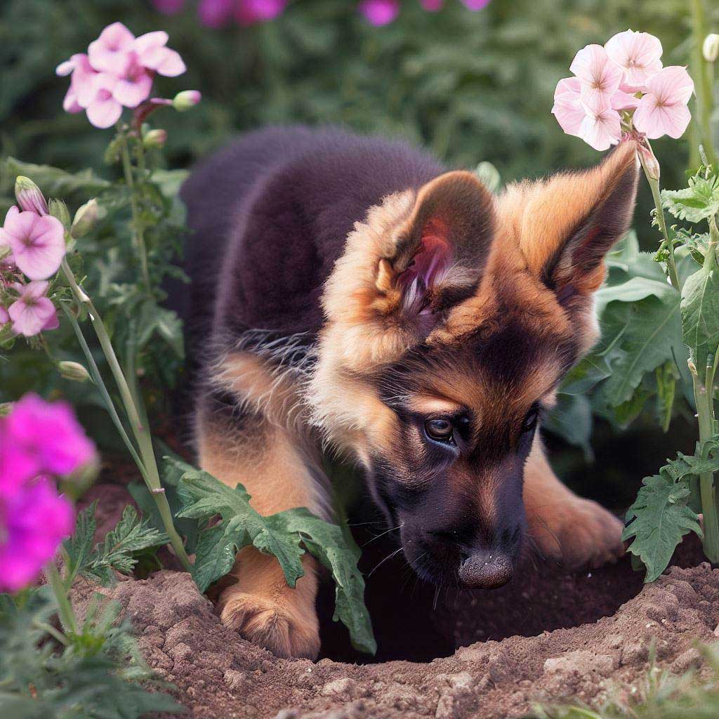 Stop Dog From Digging: German Shepherd puppy digging a hole