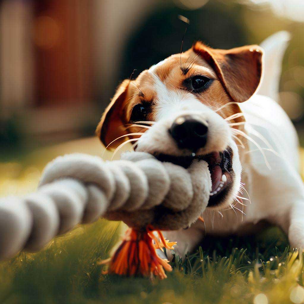 Best Tug of War Dog Toy: Jack Russell playing with a tug toy
