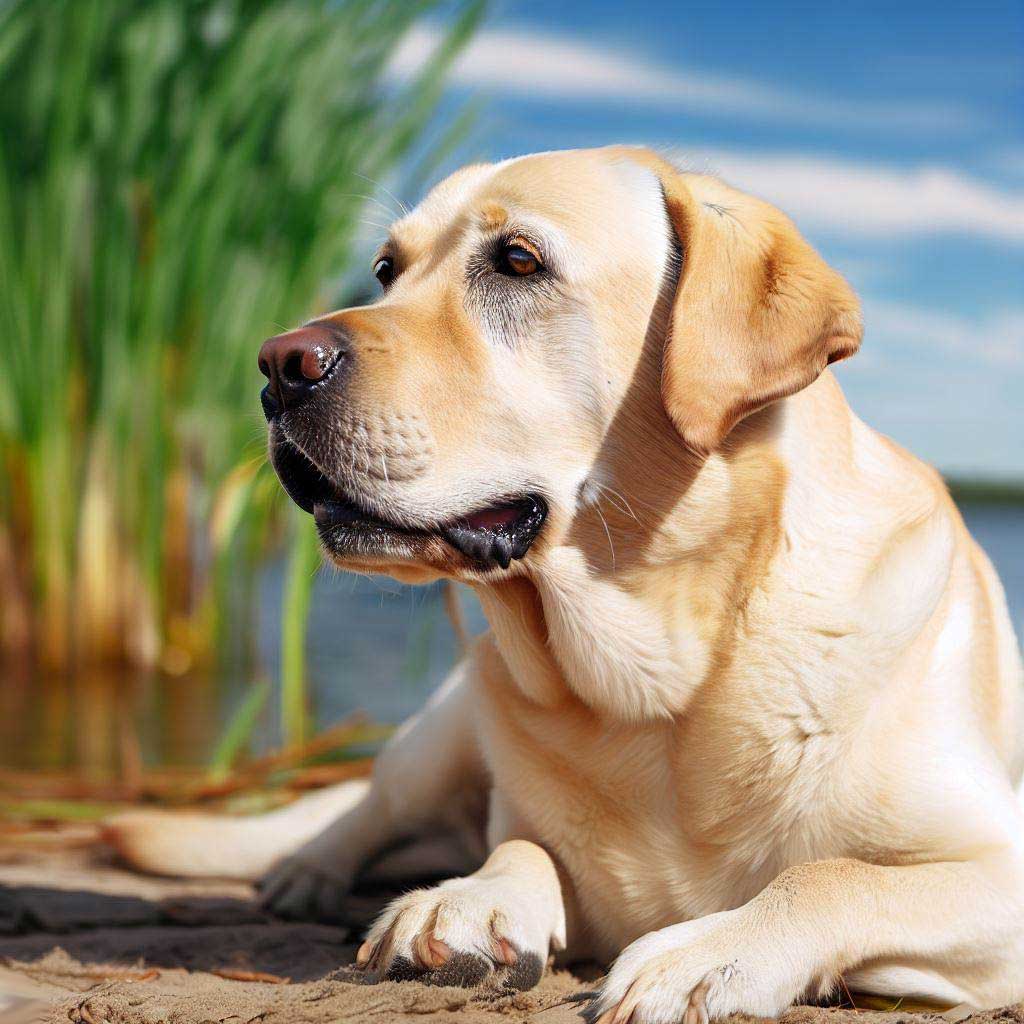 Duck Dog Training: Labrador Retriever alert on the shore