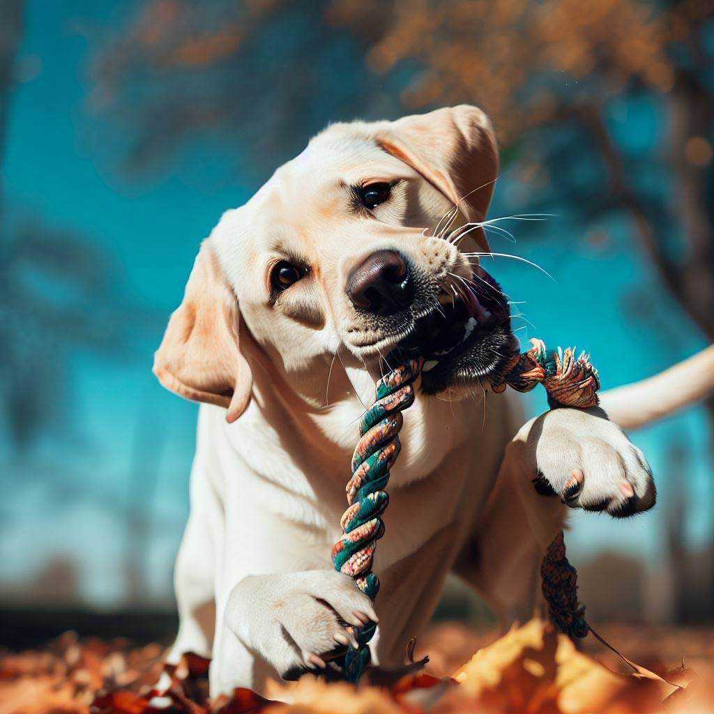Labrador Retriever playing with a rope toy
