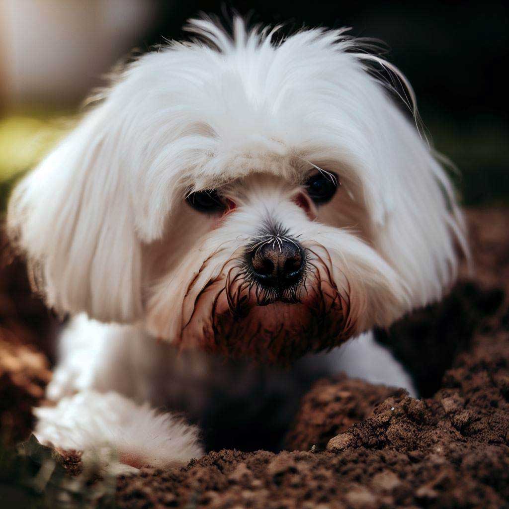 Maltese dog caught digging in the backyard