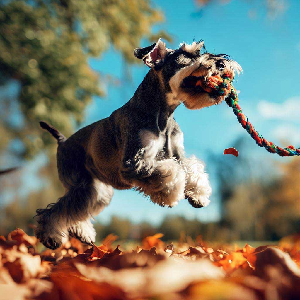 Miniature Schnauzer playing with a rope toy
