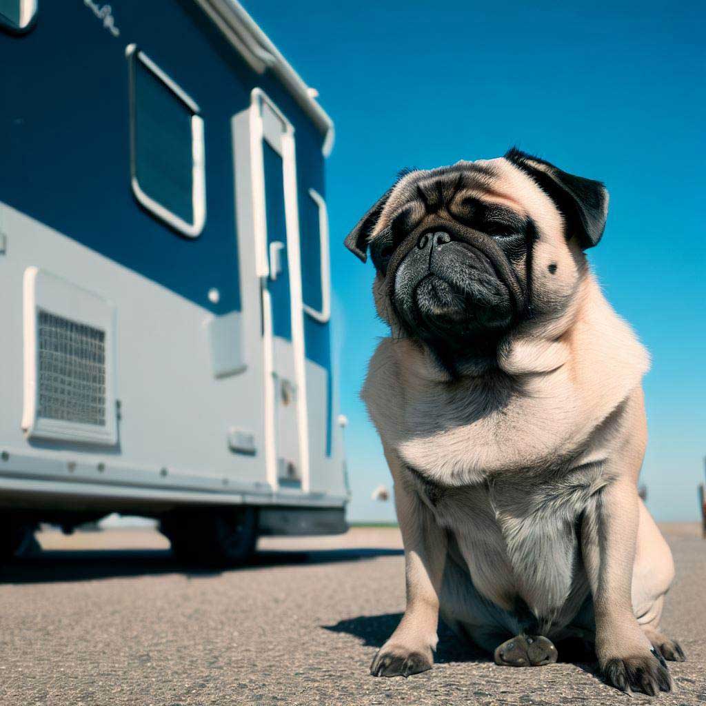 Best Dogs for RV Living: Pug just being cool next to an RV