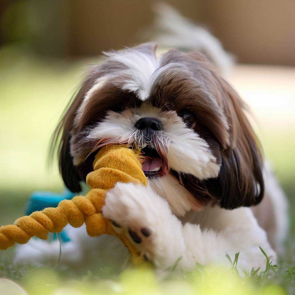 Shih Tzu playing with a tug toy in the backyard