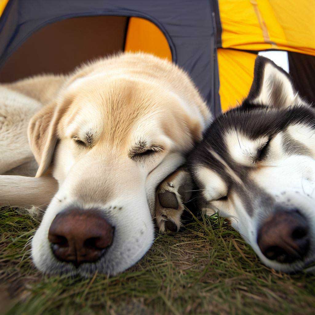 Best Dogs For Camping: Siberian Husky peacefully sleeping next to a Labrador Retriever
