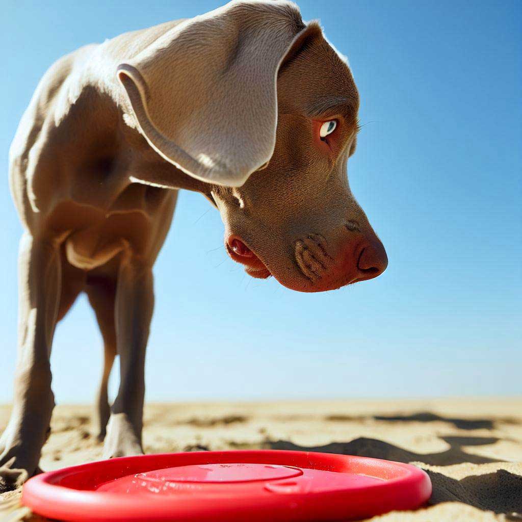 Weimaraner playing with a Frisbee-1