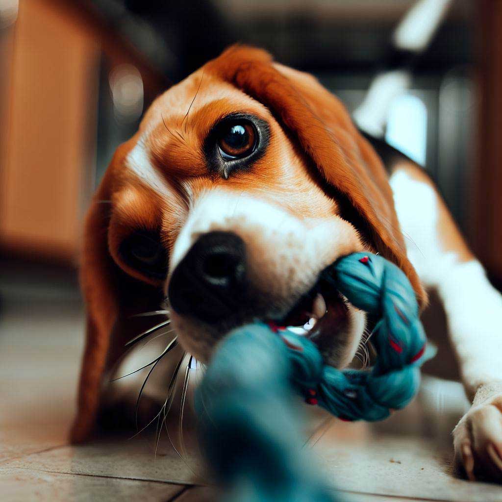 Beagle playing with a tug toy in the kitchen