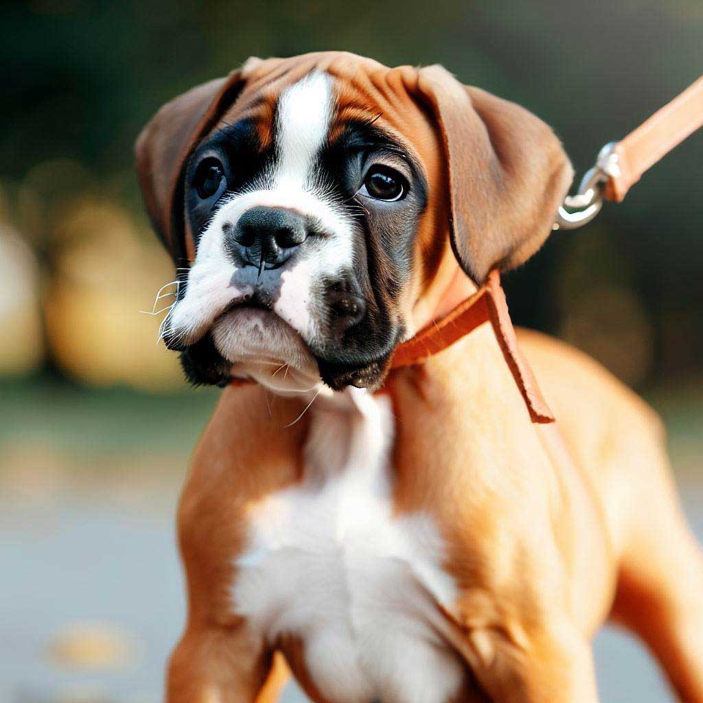 Training Rescue Dogs: Boxer puppy on a leash in the park