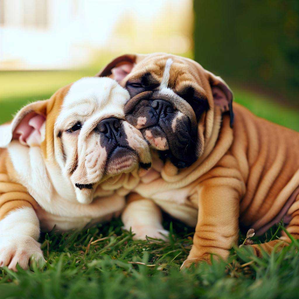 Dog Body Language: Two cute Bulldogs cuddling