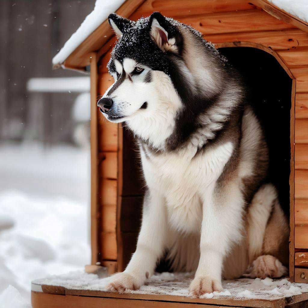 Heat For Dog House: Alaskan Malamute sitting in a dog house