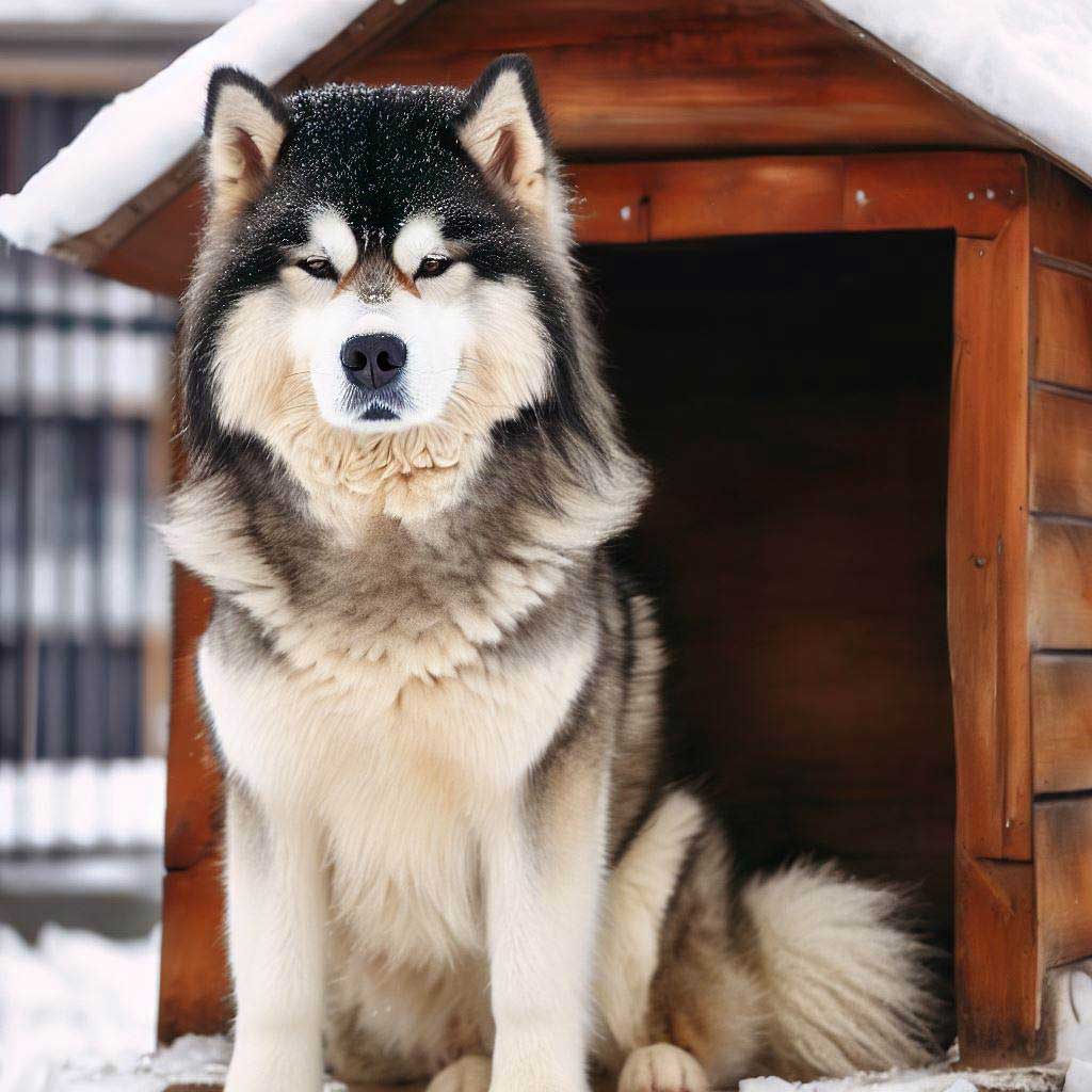 Heat For Dog House: Alaskan Malamute sitting on the porch of a dog house