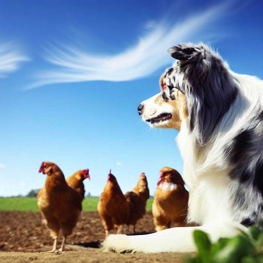 Best Dogs For Chickens: Australian Shepherd looking at a chickens on a farm