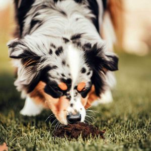 Why Does My Dog Eat Poop: Australian Shepherd sniffing poop in the backyard