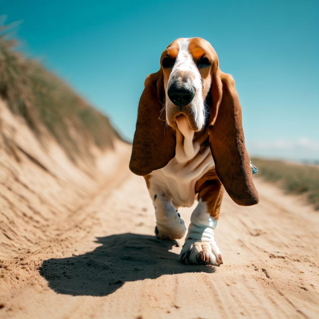 Basset Hound walking on a beach track