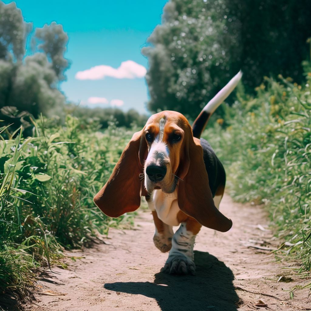 Best Tracking Dogs: Basset Hound walking on a track next to a flowing river