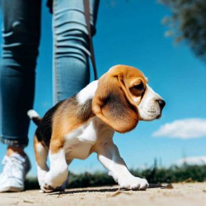 How to Make a Dog Friendly to Strangers: Beagle puppy walking next to a woman