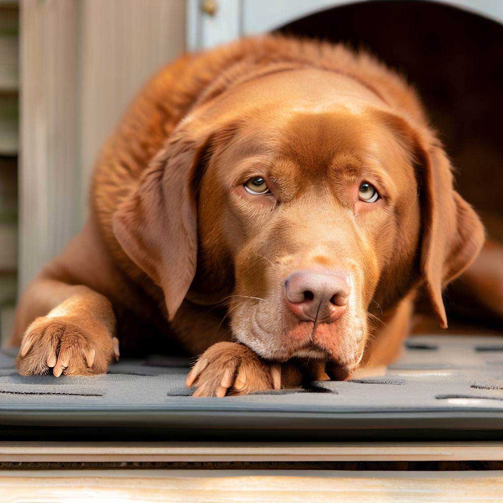Heat For Dog House: Chesapeake Bay Retriever laying on a heat pad