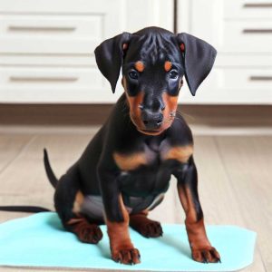 How To Train A Puppy to Pee On A Pad: Doberman Pinscher puppy on a pee pad in the kitchen