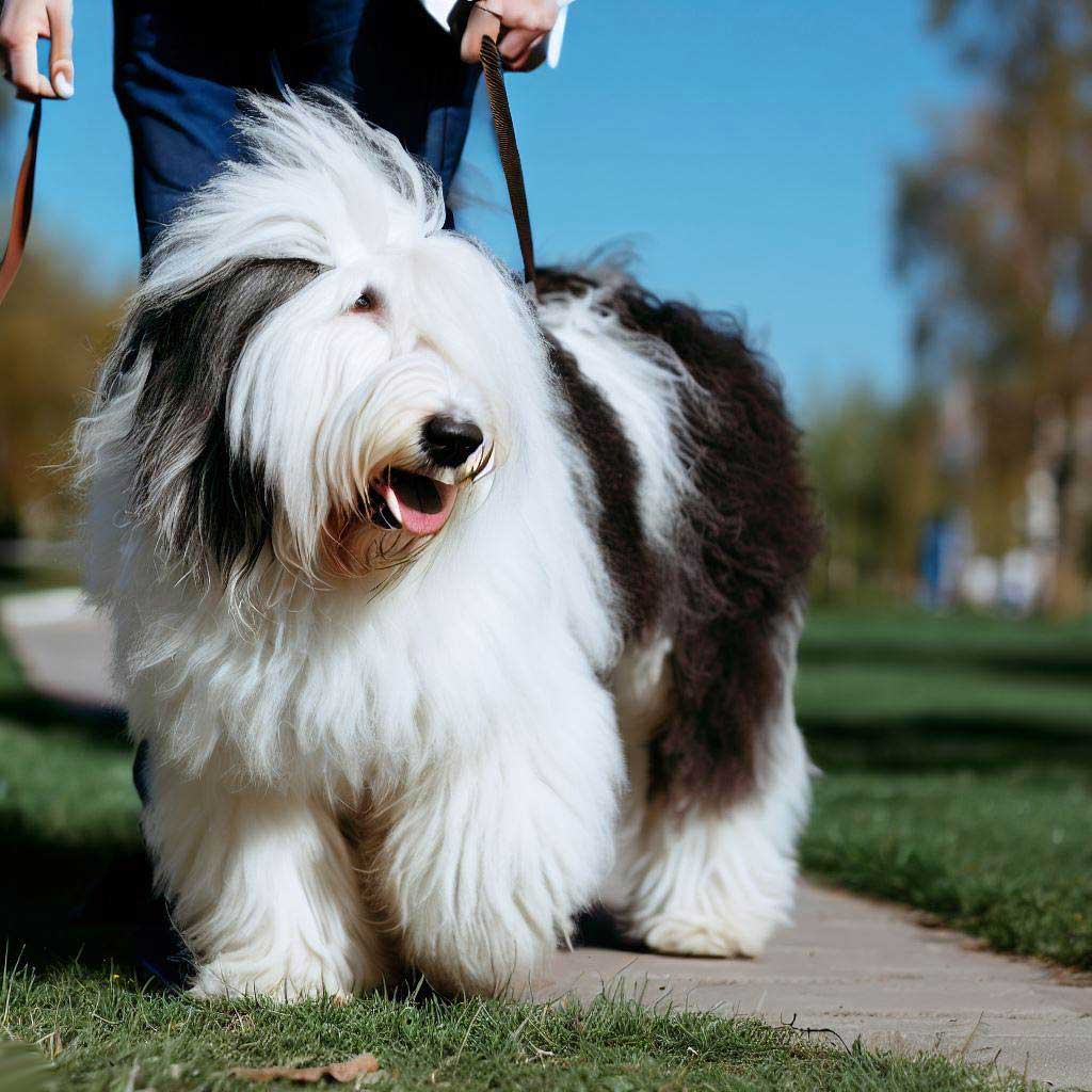 Why Does My Dog Eat Poop: English Sheepdog on a leash walking in the park