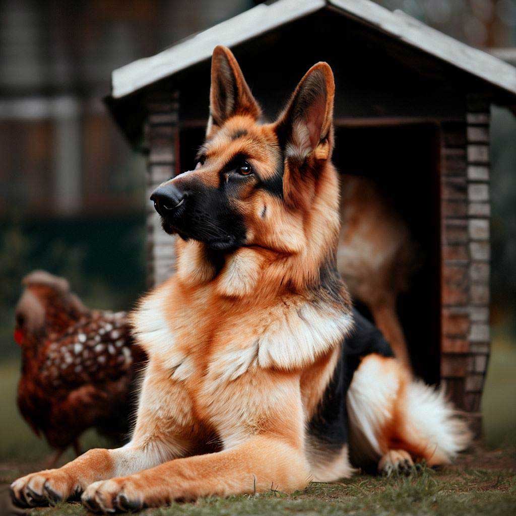 Best Dogs For Chickens: German Shepherd laying down next to a chicken coop