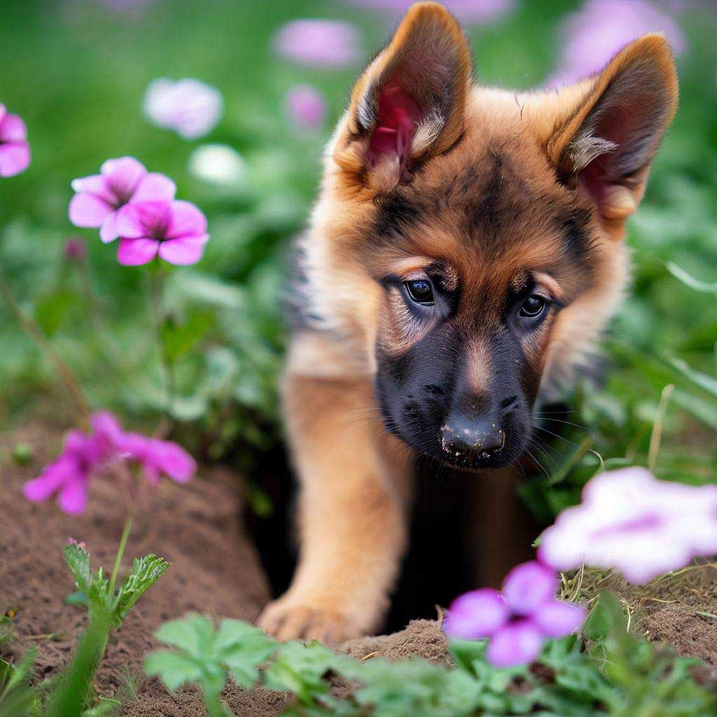 How to Train a Puppy: German Shepherd puppy digging a hole