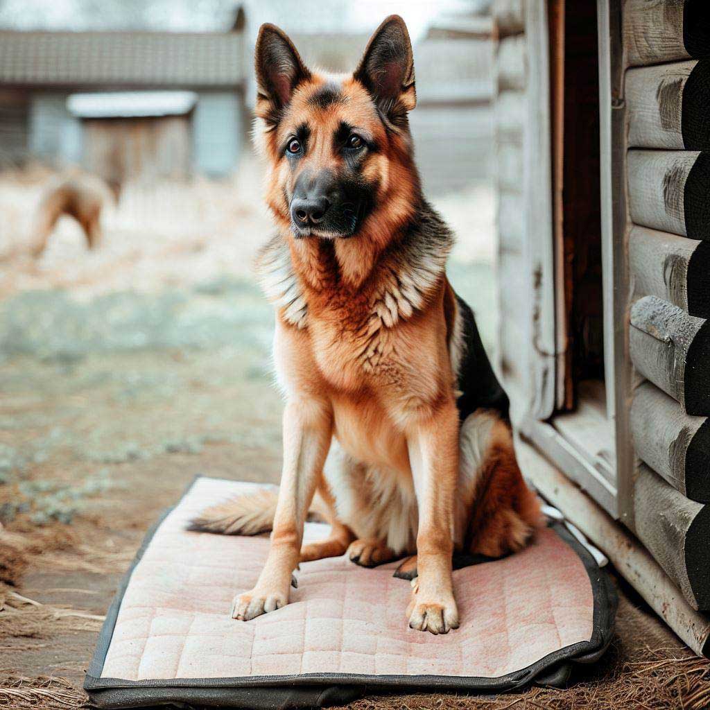 Heat For Dog House: German Shepherd sitting on a heat pad