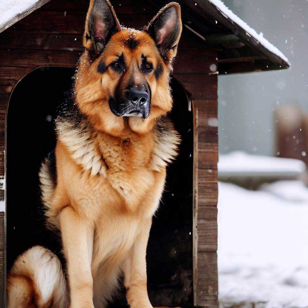 German Shepherd sitting on the porch of a dog house in the snow