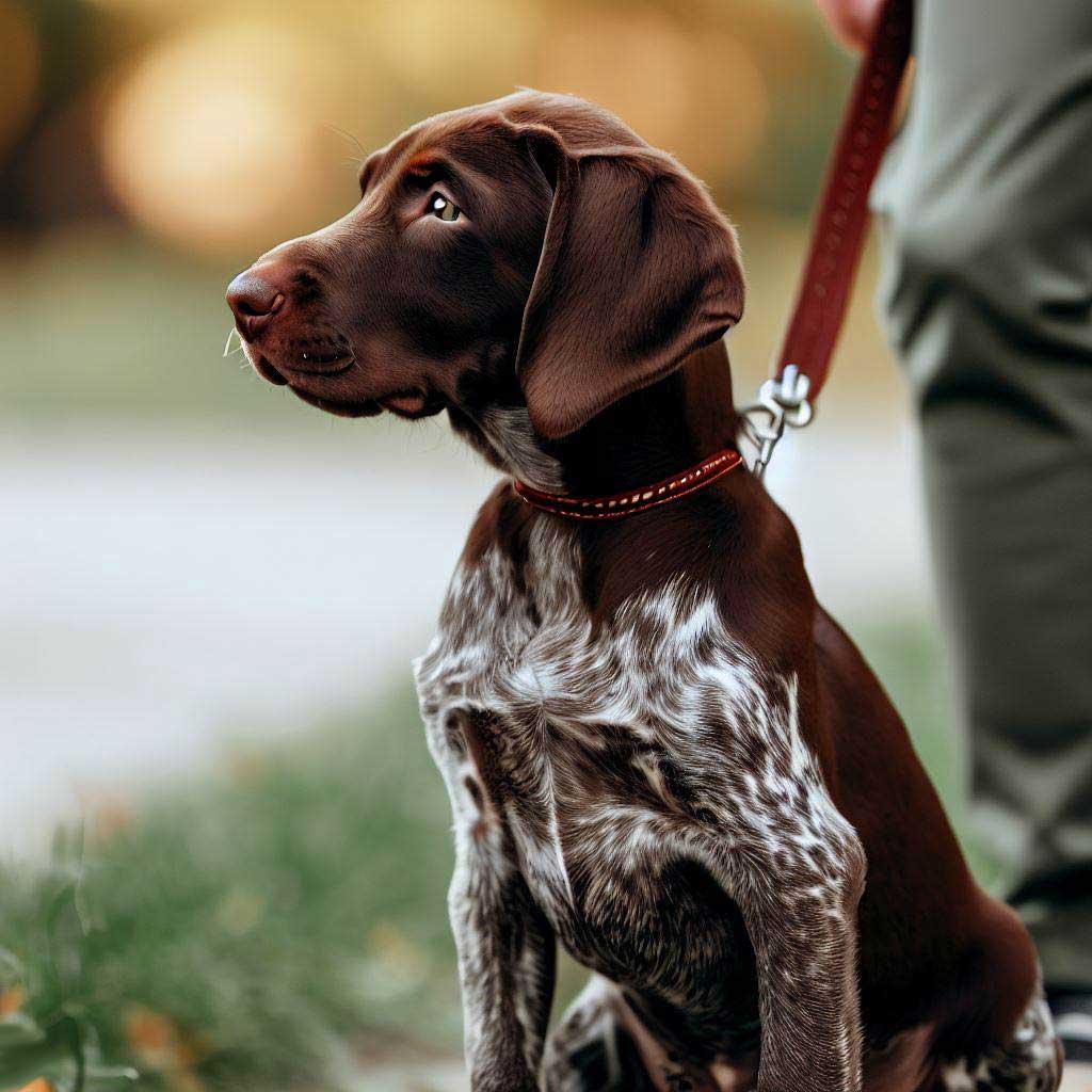 German Shorthaired Pointer puppy training on a leash