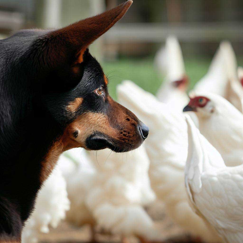 Best Dogs For Chickens: Kelpie looking at chickens on a farm