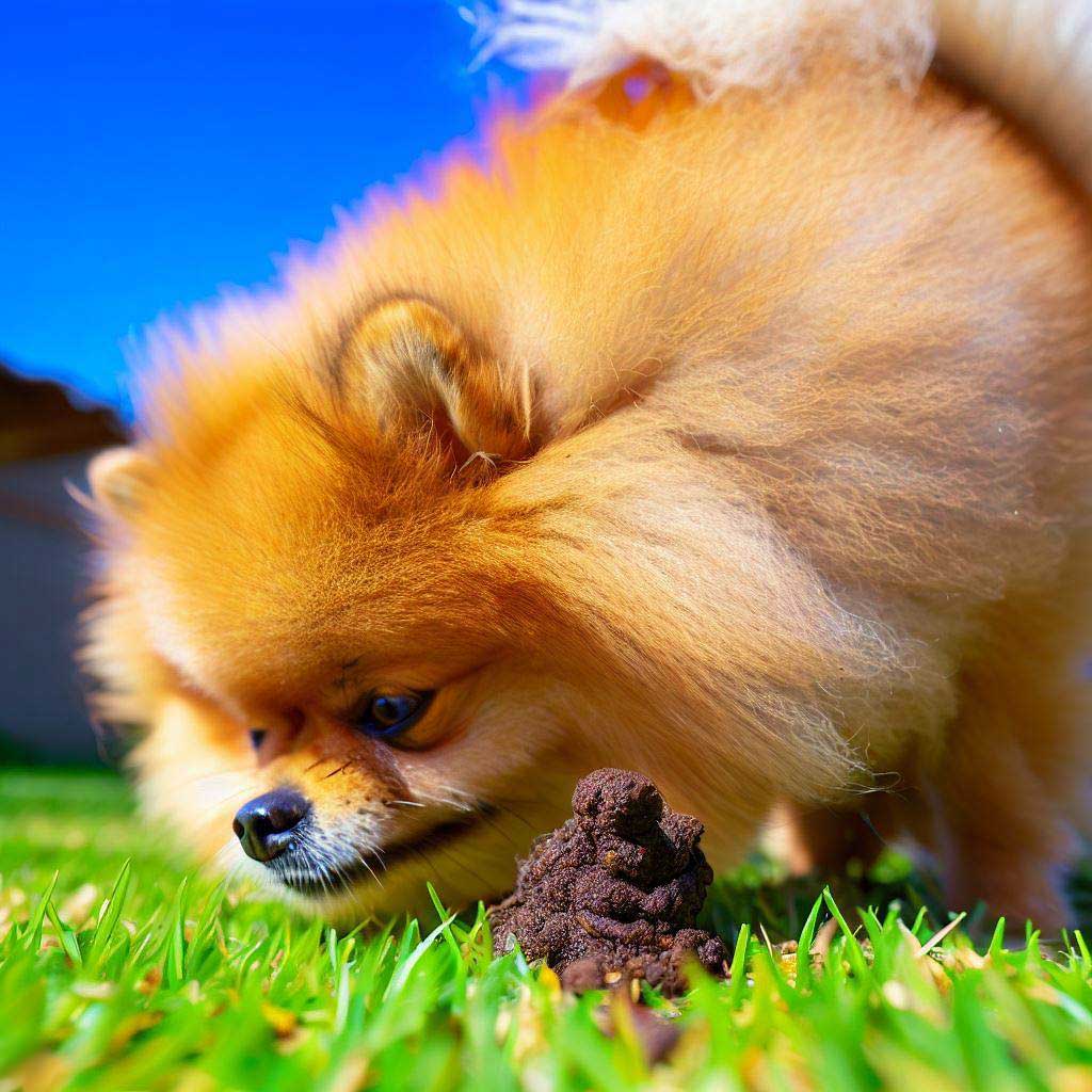 Why Does My Dog Eat Poop: Pomeranian sniffing poop in the backyard