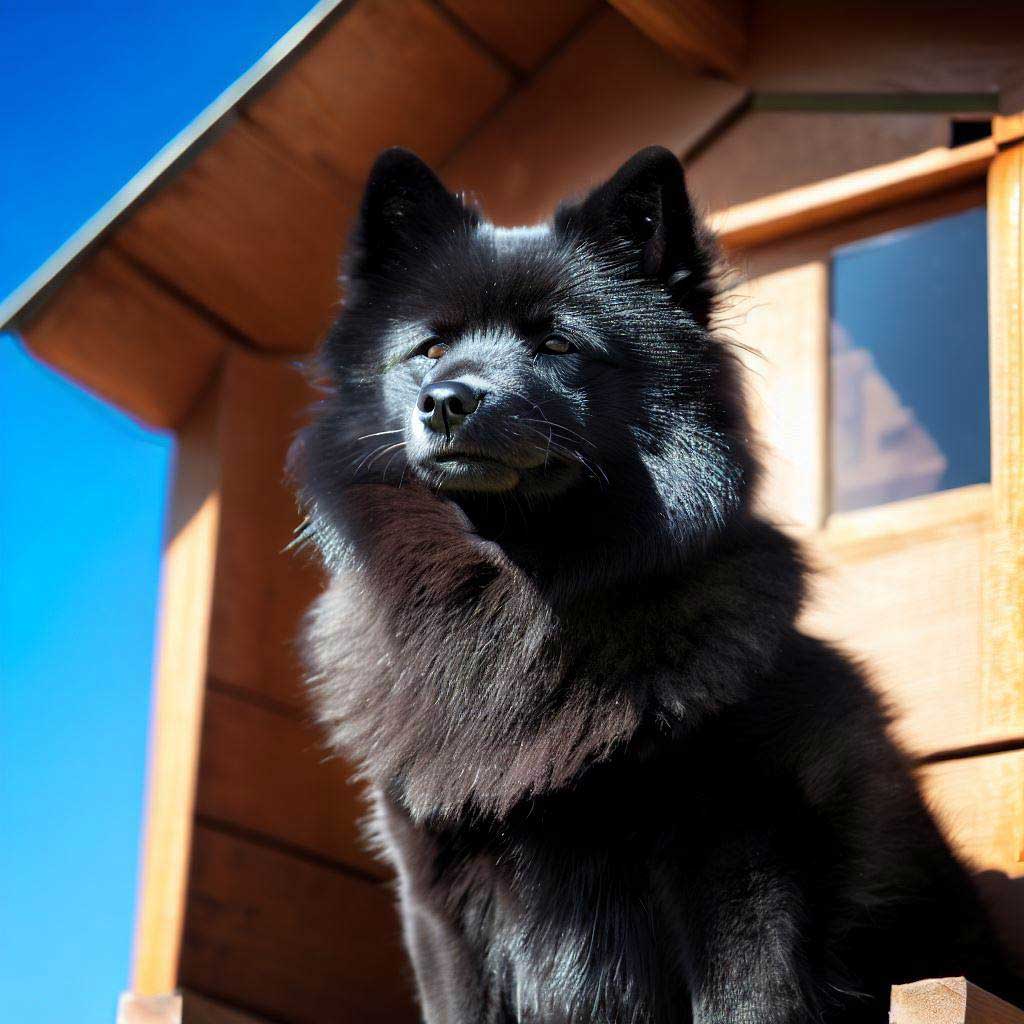 Schipperke sitting on the porch of a dog house